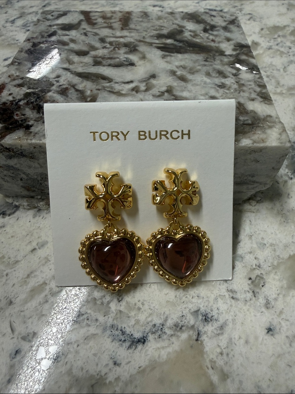 Tory Burch Gold-Tone Drop Earrings with Dark Pink Heart Cabochons